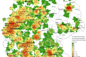 Diese Karte zeigt die Erreichbarkeit von barrierefreien Hausarztpraxen in einem Umkreis von 20 km 