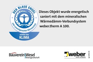  Hinweis-Plakette am Haus: Der Bauverein Wesel nutzt den Blauen Engel als Marketinginstrument 