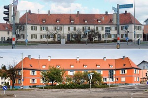  Vorher – Nachher: Die Farbe ist zurückgekehrt: Kräftiges Rot und Blau zieren die Fassade des Gebäudes der Gartenstadt Karlsruhe eG 