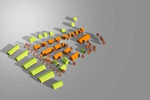  Vergleich des Ist-Zustands (links) mit einer hohen Verschattung durch die Satteldachform im Vergleich zur optimierten Pultdachvariante (rechts): Gegenüberstellung der Verschattungssituation für den 21. Dezember, 12 Uhr, Sonnenstand 17,5 Grad 